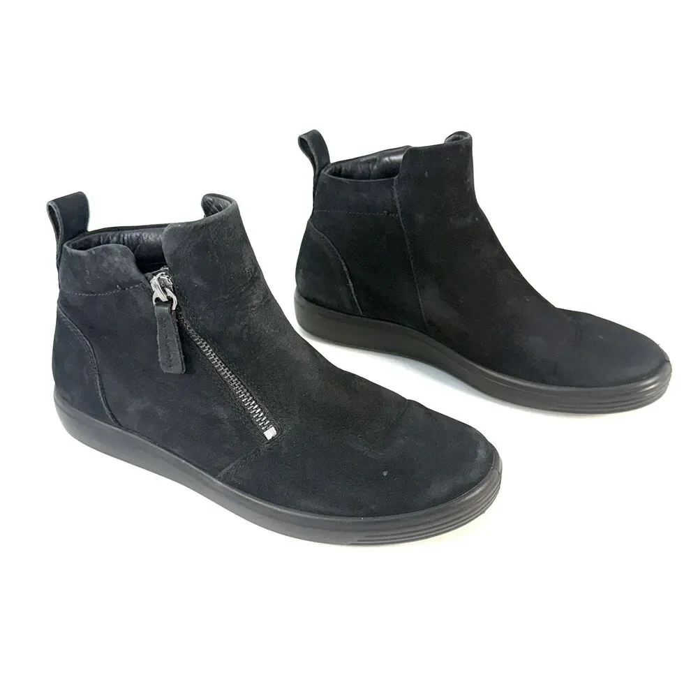 Ecco Soft 7 Black Nubuck Mid Top Side Zip Sneakers Size EU 37 US 6